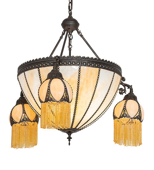 Meyda Lighting Gothic 33" 6-Light Craftsman Brown Highlighted Inverted Pendant Light With Beige Art Shade Glass