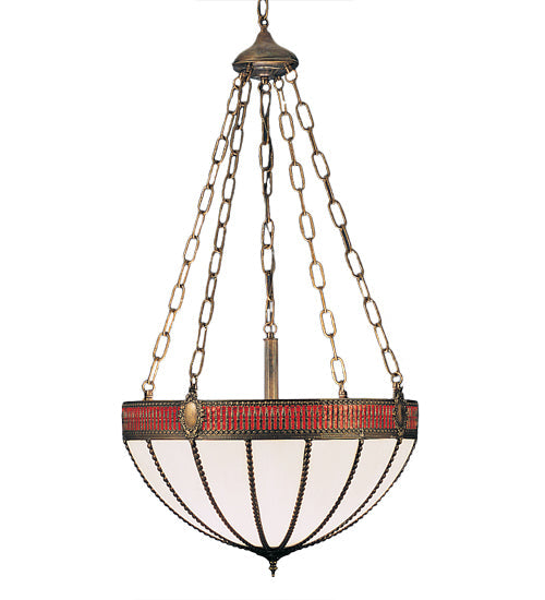 Meyda Lighting Gothic 36" 4-Light Craftsman Brown Highlight Inverted Pendant Light With Red & White Shade Glass
