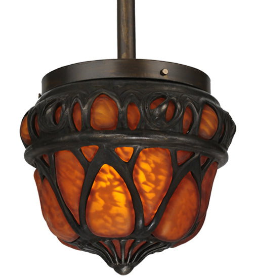 Meyda Lighting Gothic Crown 10" Antique Black Inverted Pendant Light With Amber Shade Glass