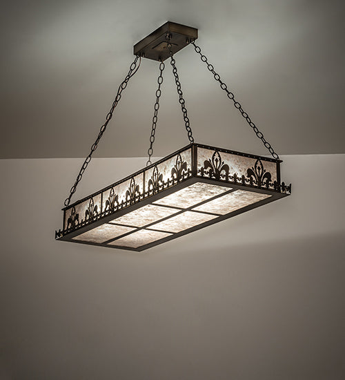 Meyda Lighting Gothic Fleur-de-lis 48" 2-Light Antique Copper Island Inverted Pendant Light With Silver Mica Shade Glass
