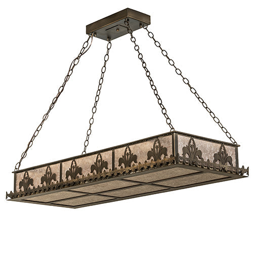 Meyda Lighting Gothic Fleur-de-lis 48" 2-Light Antique Copper Island Inverted Pendant Light With Silver Mica Shade Glass