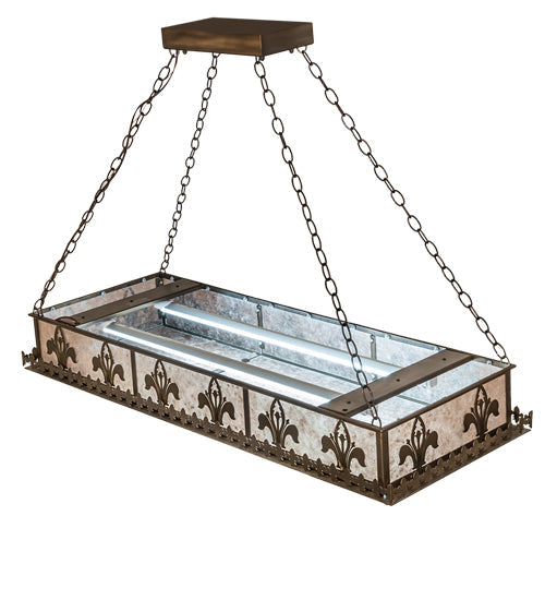 Meyda Lighting Gothic Fleur-de-lis 48" 2-Light Antique Copper Island Inverted Pendant Light With Silver Mica Shade Glass