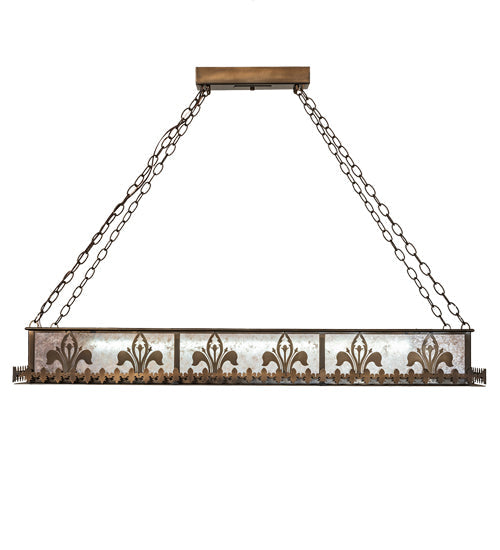 Meyda Lighting Gothic Fleur-de-lis 48" 2-Light Antique Copper Island Inverted Pendant Light With Silver Mica Shade Glass