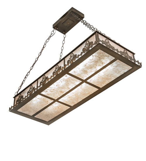 Meyda Lighting Gothic Fleur-de-lis 48" 2-Light Antique Copper Island Inverted Pendant Light With Silver Mica Shade Glass