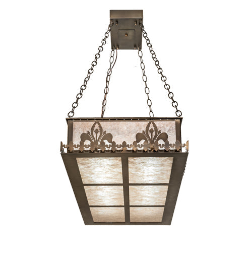 Meyda Lighting Gothic Fleur-de-lis 48" 2-Light Antique Copper Island Inverted Pendant Light With Silver Mica Shade Glass