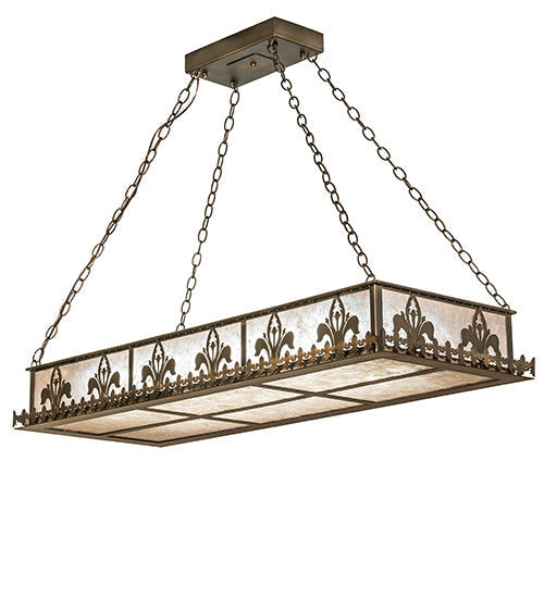 Meyda Lighting Gothic Fleur-de-lis 48" 2-Light Antique Copper Island Inverted Pendant Light With Silver Mica Shade Glass