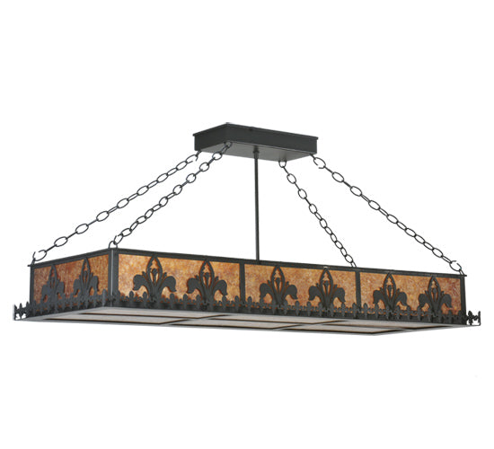 Meyda Lighting Gothic Fleur-de-lis 48" 6-Light Textured Black Inverted Island Pendant Light With Amber Mica Shade Glass