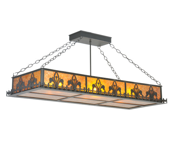 Meyda Lighting Gothic Fleur-de-lis 48" 6-Light Textured Black Inverted Island Pendant Light With Amber Mica Shade Glass