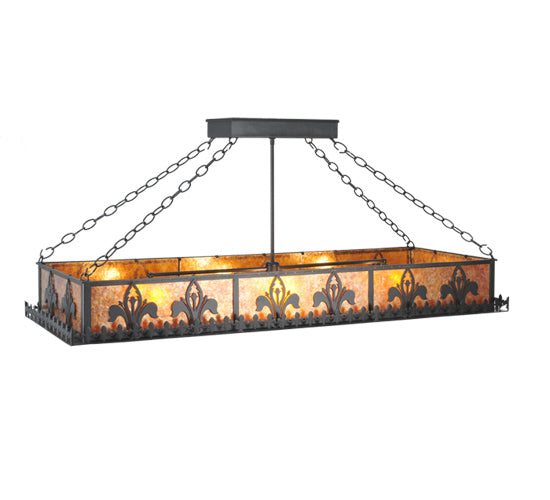 Meyda Lighting Gothic Fleur-de-lis 48" 6-Light Textured Black Inverted Island Pendant Light With Amber Mica Shade Glass