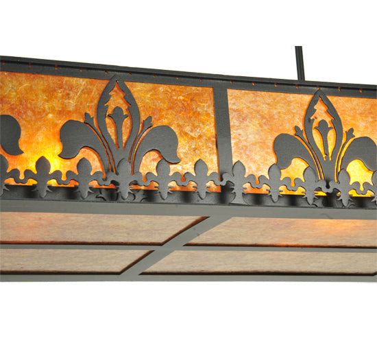 Meyda Lighting Gothic Fleur-de-lis 48" 6-Light Textured Black Inverted Island Pendant Light With Amber Mica Shade Glass