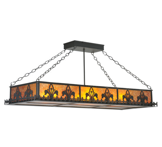 Meyda Lighting Gothic Fleur-de-lis 48" 6-Light Textured Black Inverted Island Pendant Light With Amber Mica Shade Glass