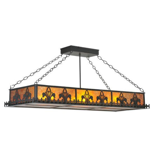 Meyda Lighting Gothic Fleur-de-lis 48" 6-Light Textured Black Inverted Island Pendant Light With Amber Mica Shade Glass