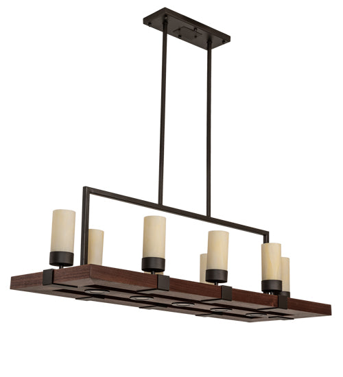 Meyda Lighting Grand Terrace 48" 13-Light Oil Rubbed Bronze & Walnut Wood Island Pendant Light With Creme Carrara Idalight Shade