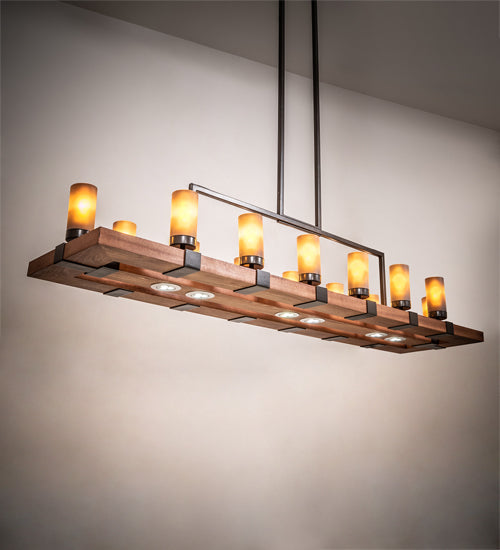 Meyda Lighting Grand Terrace 72" 14-Light Walnut Stained & Timeless Bronze Island Chandelier With Amber Frosted Shade Glass