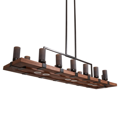 Meyda Lighting Grand Terrace 72" 14-Light Walnut Stained & Timeless Bronze Island Chandelier With Amber Frosted Shade Glass