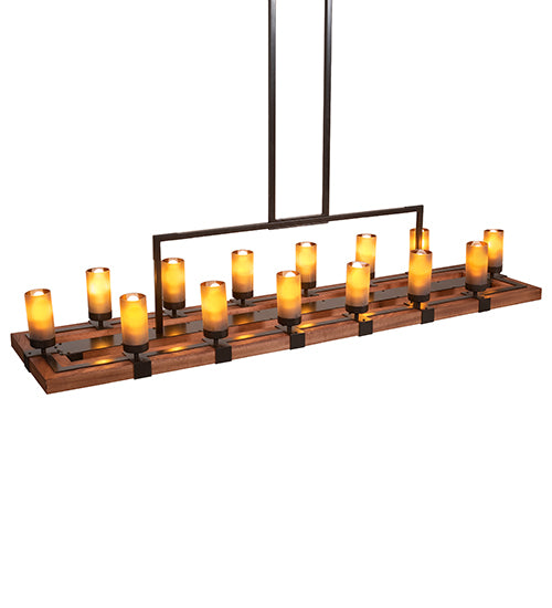Meyda Lighting Grand Terrace 72" 14-Light Walnut Stained & Timeless Bronze Island Chandelier With Amber Frosted Shade Glass