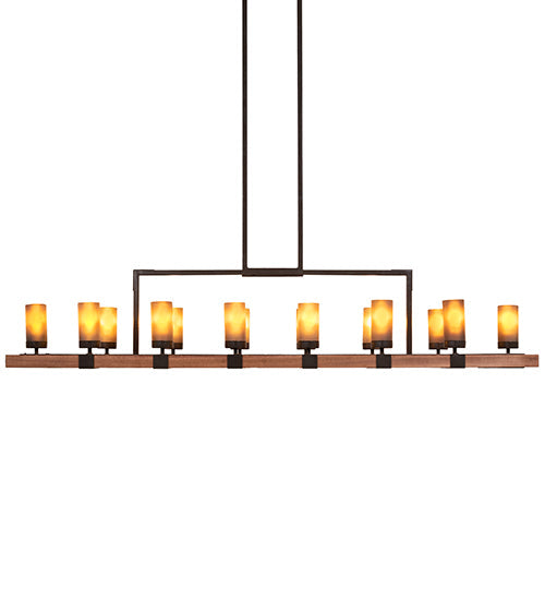 Meyda Lighting Grand Terrace 72" 14-Light Walnut Stained & Timeless Bronze Island Chandelier With Amber Frosted Shade Glass
