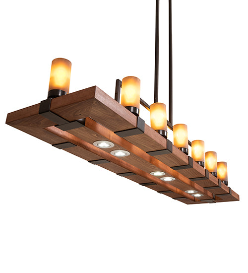 Meyda Lighting Grand Terrace 72" 14-Light Walnut Stained & Timeless Bronze Island Chandelier With Amber Frosted Shade Glass