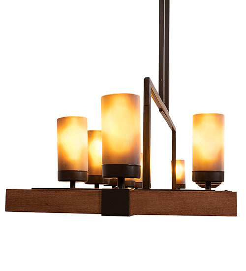Meyda Lighting Grand Terrace 72" 14-Light Walnut Stained & Timeless Bronze Island Chandelier With Amber Frosted Shade Glass