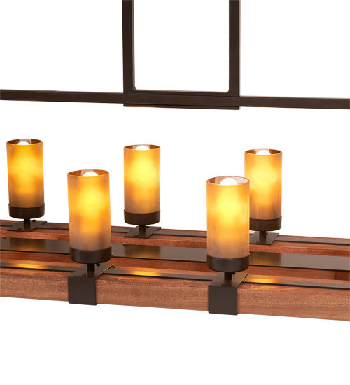Meyda Lighting Grand Terrace 72" 14-Light Walnut Stained & Timeless Bronze Island Chandelier With Amber Frosted Shade Glass