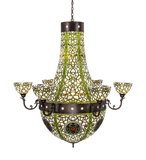 Meyda Lighting Grand Tulip Medallion 60" 14-Light 6-Arm Mahogany Bronze Chandelier With Multi-Colored Shade Glass