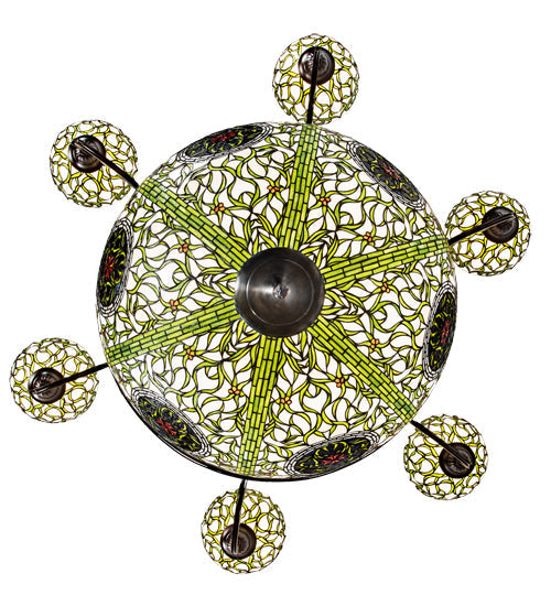 Meyda Lighting Grand Tulip Medallion 60" 14-Light 6-Arm Mahogany Bronze Chandelier With Multi-Colored Shade Glass