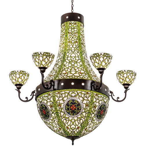 Meyda Lighting Grand Tulip Medallion 60" 14-Light 6-Arm Mahogany Bronze Chandelier With Multi-Colored Shade Glass