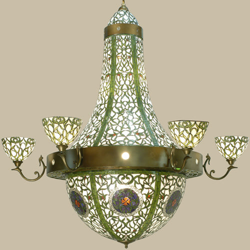 Meyda Lighting Grand Tulip Medallion 70" 22-Light 6-Arm Black Hills Gold Chandelier With Green & White Shade Glass