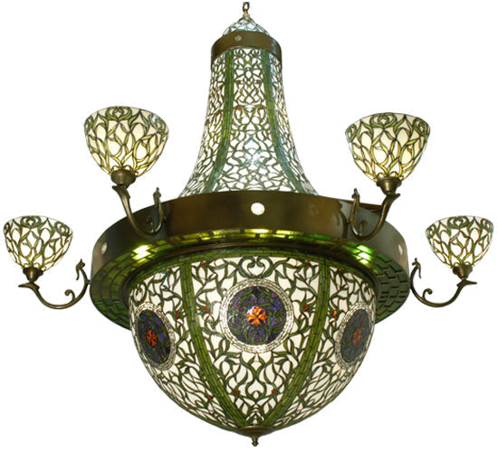 Meyda Lighting Grand Tulip Medallion 70" 22-Light 6-Arm Black Hills Gold Chandelier With Green & White Shade Glass