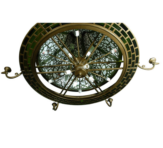 Meyda Lighting Grand Tulip Medallion 70" 22-Light 6-Arm Black Hills Gold Chandelier With Green & White Shade Glass