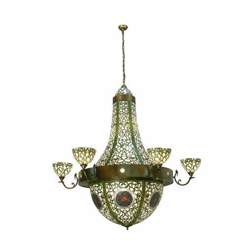 Meyda Lighting Grand Tulip Medallion 70" 22-Light 6-Arm Black Hills Gold Chandelier With Green & White Shade Glass