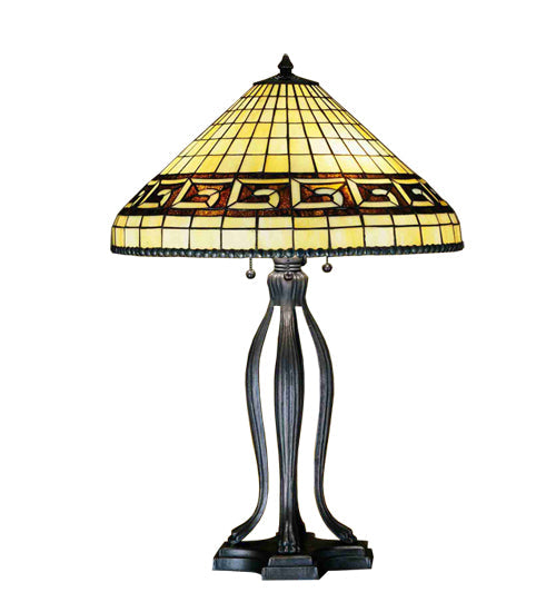 Meyda Lighting Greek Key 30" 3-Light Mahogany Bronze Table Lamp With Brown & Beige Shade Glass