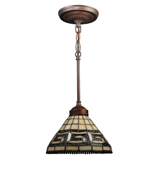 Meyda Lighting Greek Key 8" Mini Pendant Light With Amber Shade Glass