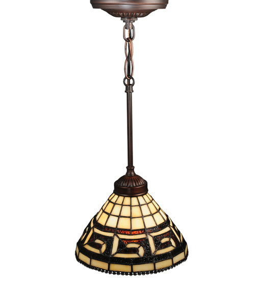 Meyda Lighting Greek Key 8" Mini Pendant Light With Amber Shade Glass
