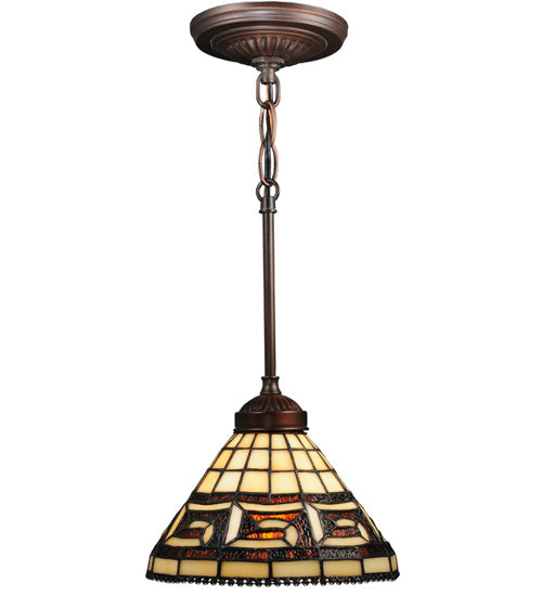 Meyda Lighting Greek Key 8" Mini Pendant Light With Amber Shade Glass