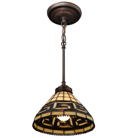 Meyda Lighting Greek Key 8" Mini Pendant Light With Amber Shade Glass
