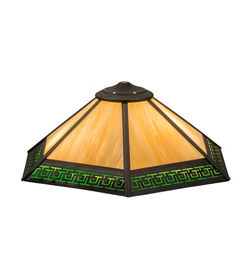 Meyda Lighting Greek Key Mission 19" Craftsman Brown Frame With Green & Beige Iridescent Shade Glass