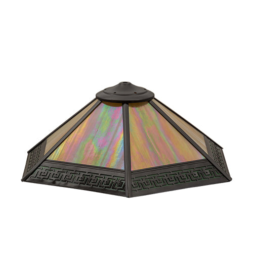 Meyda Lighting Greek Key Mission 19" Craftsman Brown Frame With Green & Beige Iridescent Shade Glass