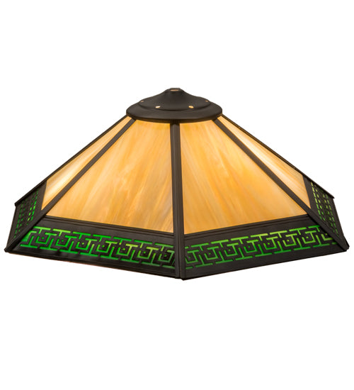Meyda Lighting Greek Key Mission 19" Craftsman Brown Frame With Green & Beige Iridescent Shade Glass