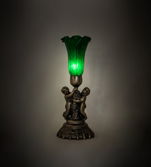 Meyda Lighting Green Tiffany Pond Lily 13" Antique Brass Twin Cherub Table Lamp With Green Shade Glass