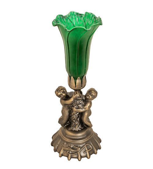 Meyda Lighting Green Tiffany Pond Lily 13" Antique Brass Twin Cherub Table Lamp With Green Shade Glass