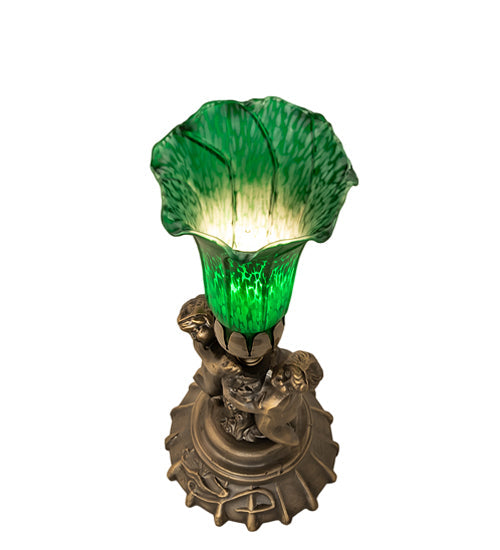 Meyda Lighting Green Tiffany Pond Lily 13" Antique Brass Twin Cherub Table Lamp With Green Shade Glass