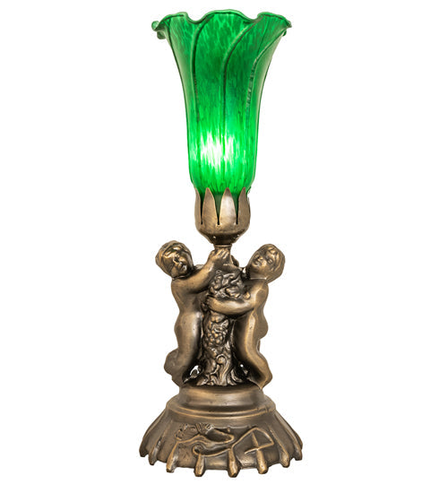 Meyda Lighting Green Tiffany Pond Lily 13" Antique Brass Twin Cherub Table Lamp With Green Shade Glass
