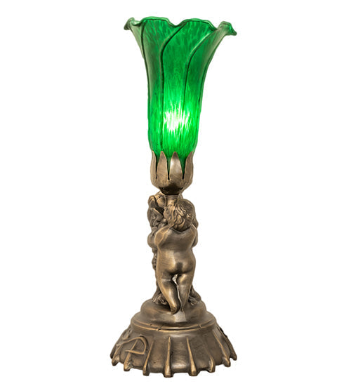 Meyda Lighting Green Tiffany Pond Lily 13" Antique Brass Twin Cherub Table Lamp With Green Shade Glass
