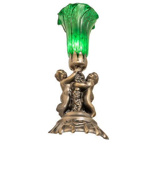 Meyda Lighting Green Tiffany Pond Lily 13" Antique Brass Twin Cherub Table Lamp With Green Shade Glass