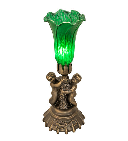 Meyda Lighting Green Tiffany Pond Lily 13" Antique Brass Twin Cherub Table Lamp With Green Shade Glass