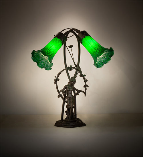 Meyda Lighting Green Tiffany Pond Lily 17" 2-Light Mahogany Bronze Trellis Girl Table Lamp With Green Shade Glass