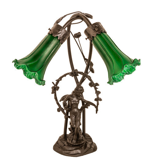 Meyda Lighting Green Tiffany Pond Lily 17" 2-Light Mahogany Bronze Trellis Girl Table Lamp With Green Shade Glass