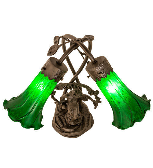 Meyda Lighting Green Tiffany Pond Lily 17" 2-Light Mahogany Bronze Trellis Girl Table Lamp With Green Shade Glass
