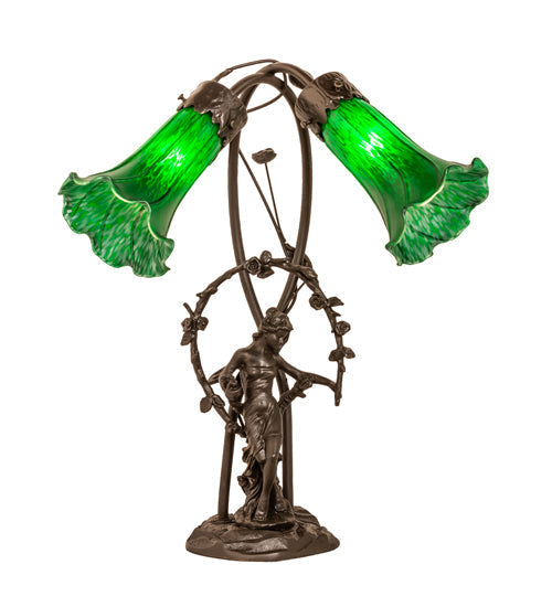 Meyda Lighting Green Tiffany Pond Lily 17" 2-Light Mahogany Bronze Trellis Girl Table Lamp With Green Shade Glass